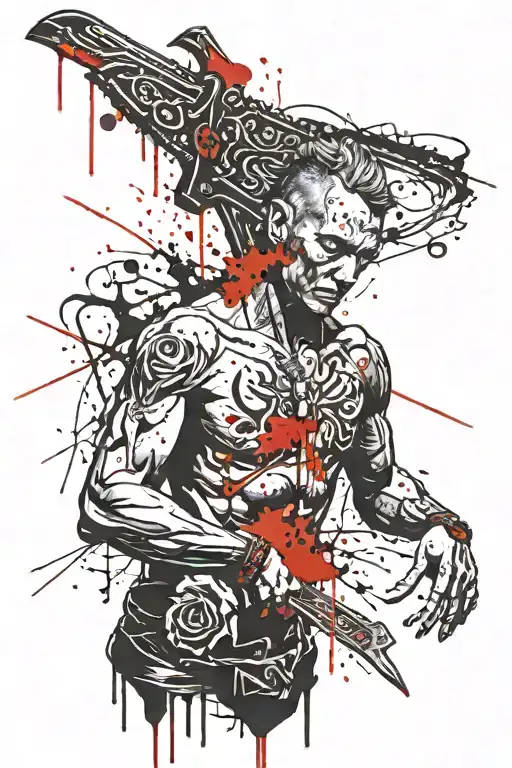 Julius Cesar with dagger through head dripping bright red blood tattoo design idea