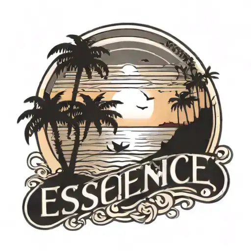 simple design of the word escence, infront of a beach sunset tattoo design idea