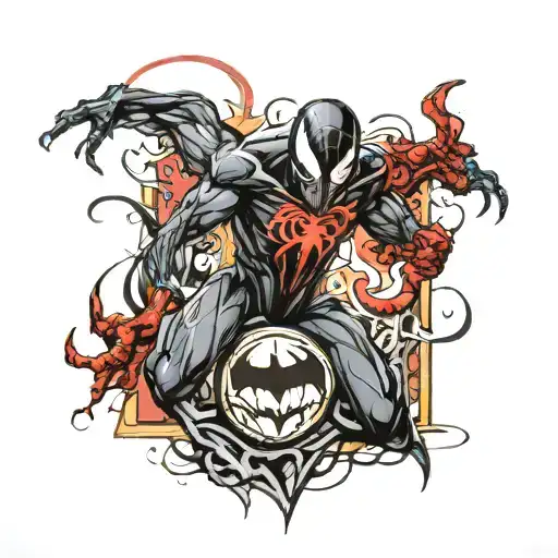 An abstract interpretation of Venom's symbiote transforming into the symbols of Spiderman, Superman, Batman, and Joker tattoo design idea