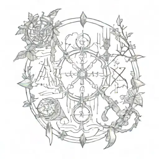 runes, weapons, amulets, forest tattoo design idea