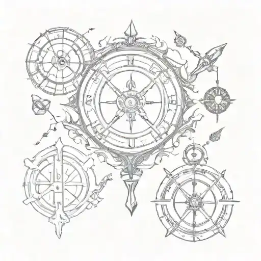 runes, weapons, amulets, watches tattoo design idea