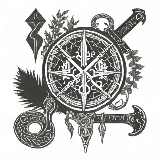 runes, weapons, amulets, forest tattoo design idea