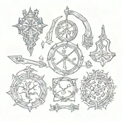 runes, amulets, forest, weapons, watches tattoo design idea