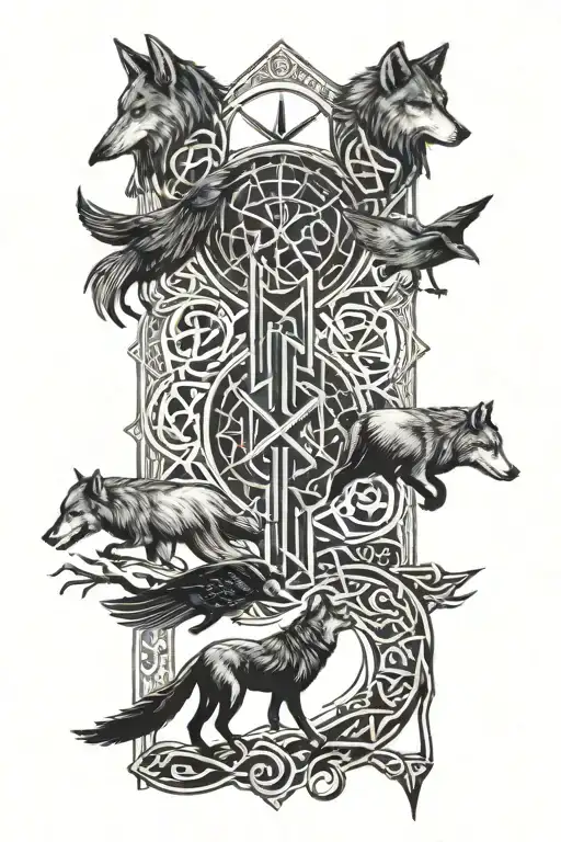 Viking runes with Wolfs and crows tattoo design idea
