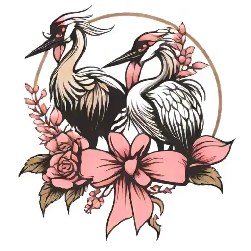 two cranes holding a pink bow cute tattoo design idea