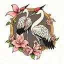 two cranes holding a pink bow cute tattoo design idea