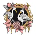 two cranes holding a pink bow cute tattoo design idea