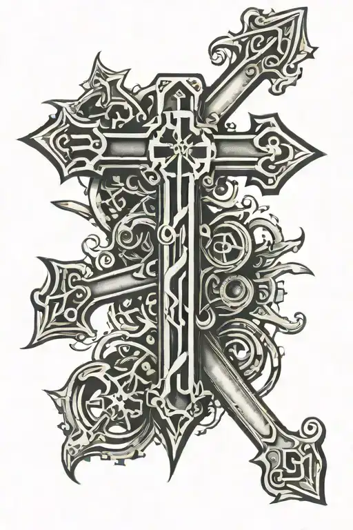 cross made out of wrenches, "J.D." on the top, "2005-2023" on the bottom, and "Give Heaven Some Hell" at the very bottom tattoo design idea