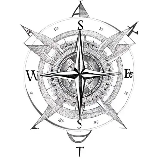 An atheist symbol intertwined with a compass rose, representing the exploration of ideas and philosophies. tattoo design idea