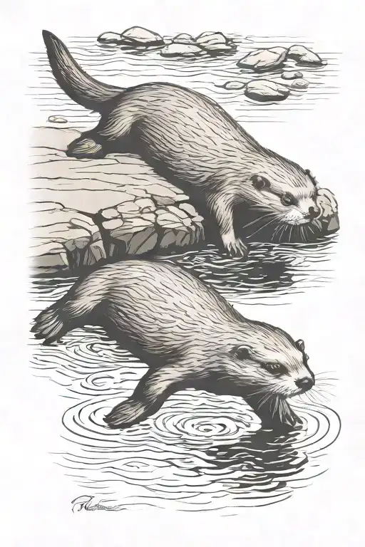 Full body otter color in river tattoo design idea