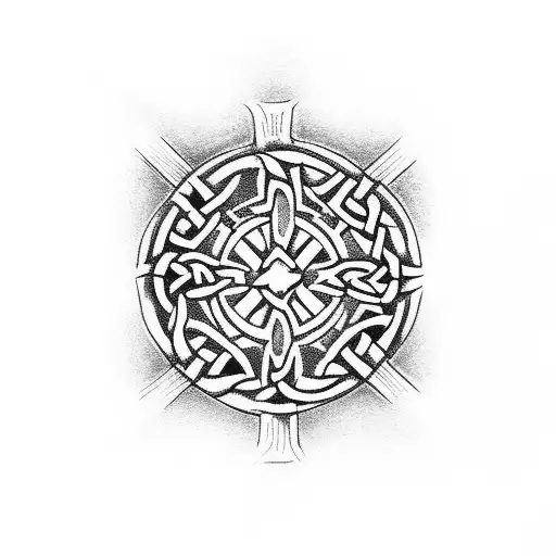 Celtic Cross with the word strength surrounded by roses. tattoo design idea