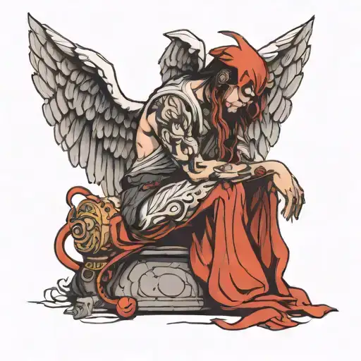 fallen angel kneeling down tattoo design idea