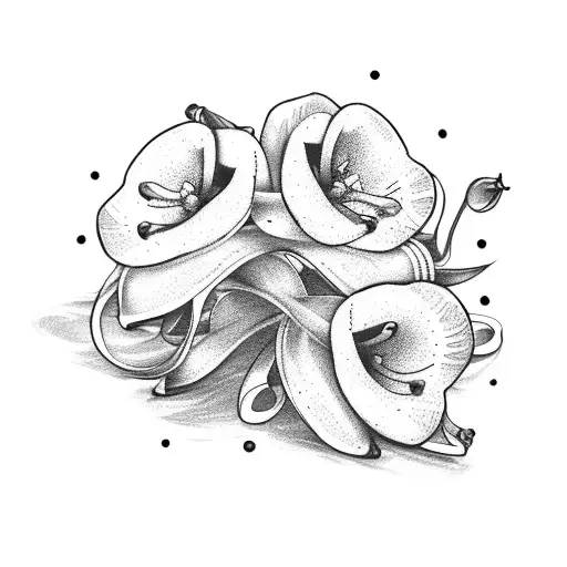 two clusters of lily-of-the-valley flower tied with a bow y2k style tattoo black and white minimal tattoo design idea
