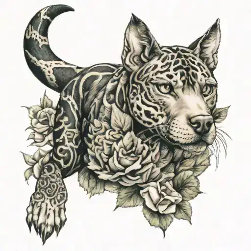 pitbull cat hunting dog rose snake tattoo design idea
