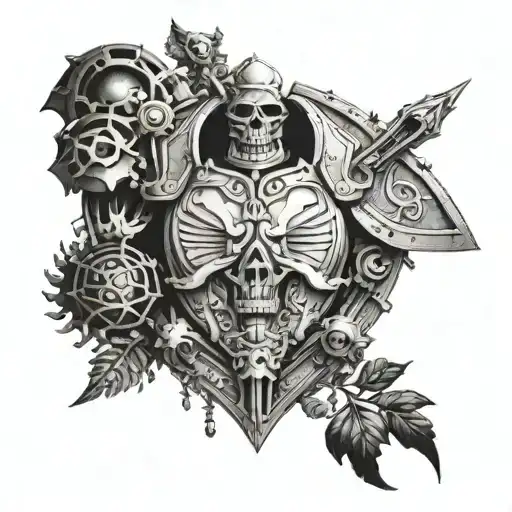 A Warhammer 40k inspired chest piece with elements of stoic philosophy tattoo design idea