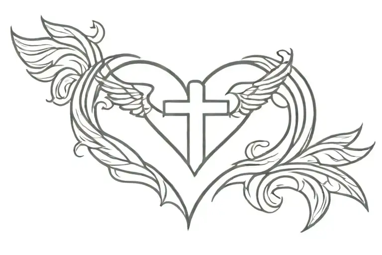 Indented winged cross in center of heart tattoo design idea