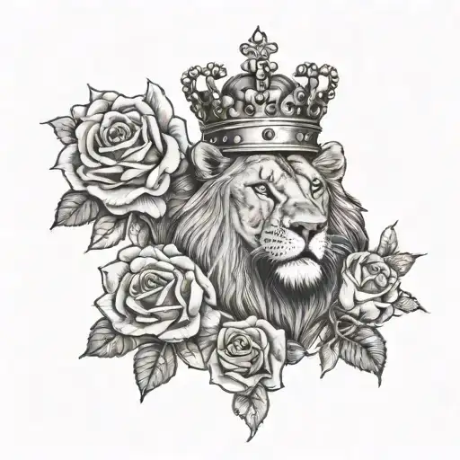 lion with crown with crosses and roses tattoo design idea