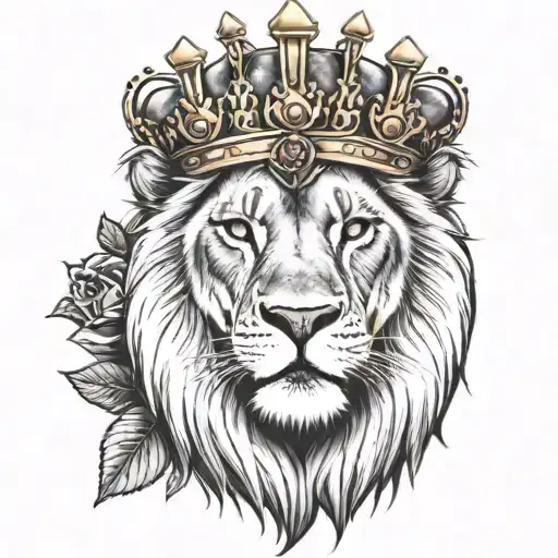 lion facing front  with crown with crosses and roses tattoo design idea