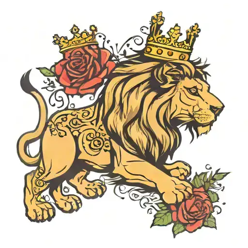 lion with crown with crosses and roses tattoo design idea