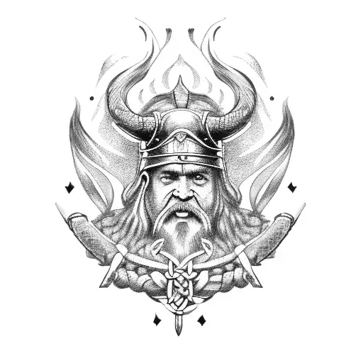A dotwork depiction of a Viking funeral pyre, with Odin's presence in the smoke tattoo design idea