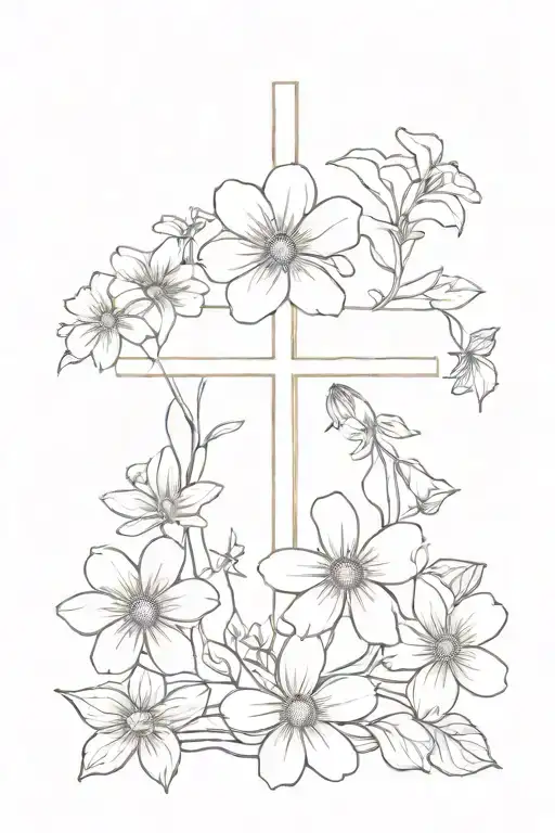 violets, aster, morning glory, marigold, primrose, cosmos flowers around cross  tattoo design idea