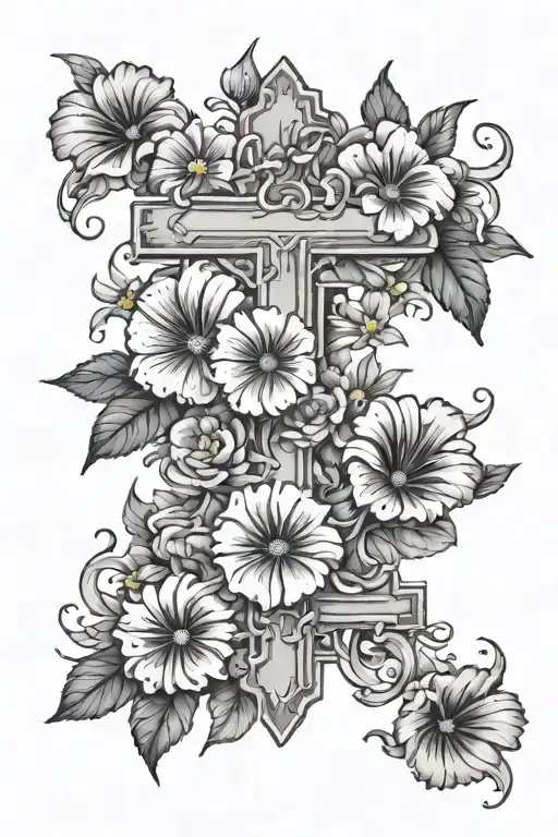 violets, aster, morning glory, marigold, primrose, cosmos flowers around empty cross tattoo design idea