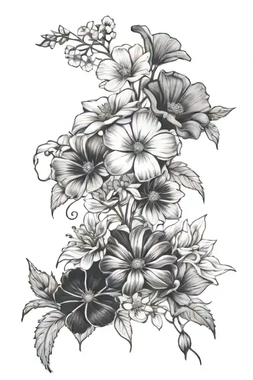 violets, aster, morning glory, marigold, primrose, cosmos flowers tattoo design idea