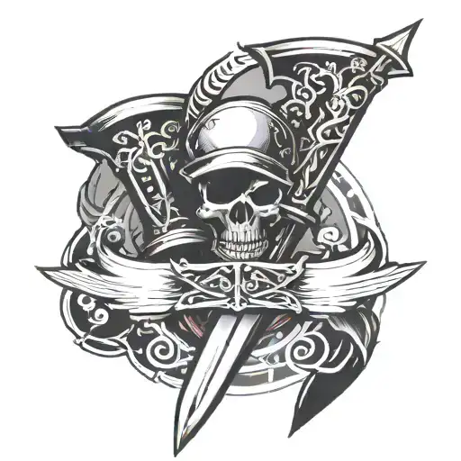 over the knee cap, medival sword pointing up and cyberlism style curving around the bottom of knee cap. tattoo design idea