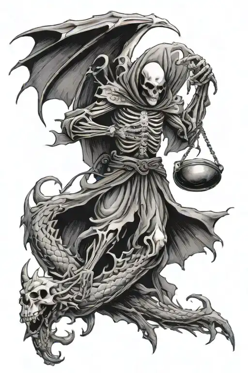 skeleton grim reaper holding scales, reaching for a flying dragon with the other hand tattoo design idea