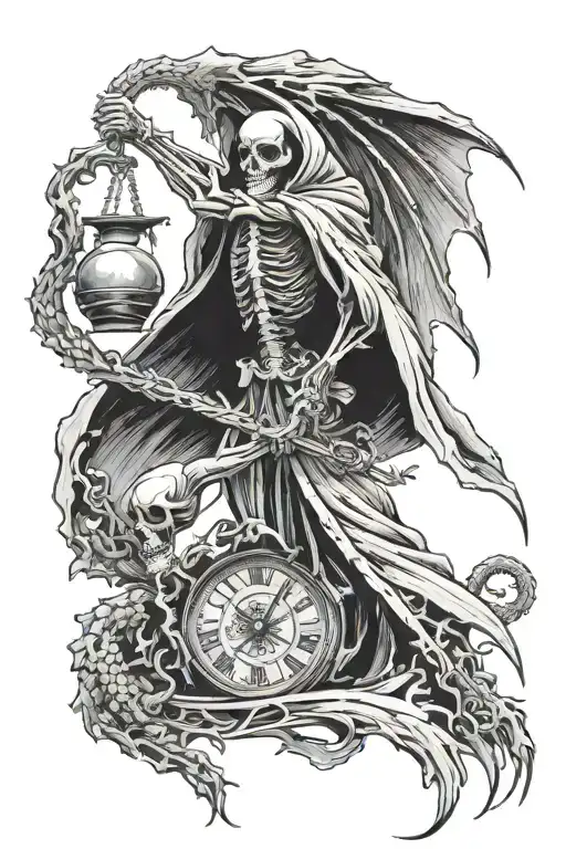 skeleton grim reaper holding scales reaching for a flying dragon tattoo design idea