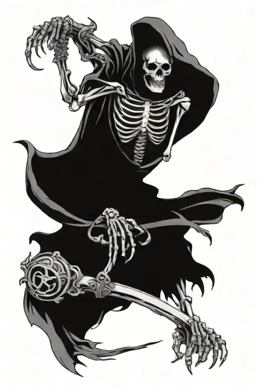 skeleton grim reaper, holding scales reaching for a flying dragon tattoo design idea