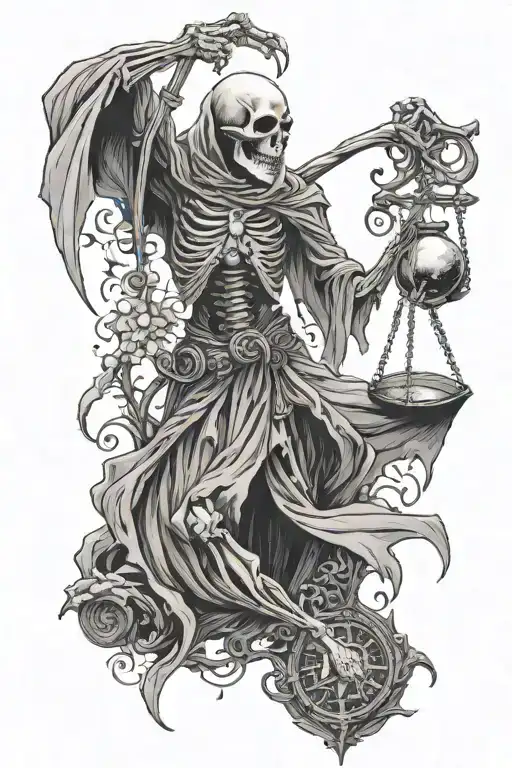 skeleton grim reaper, holding scales reaching for a dragon flying in the air tattoo design idea