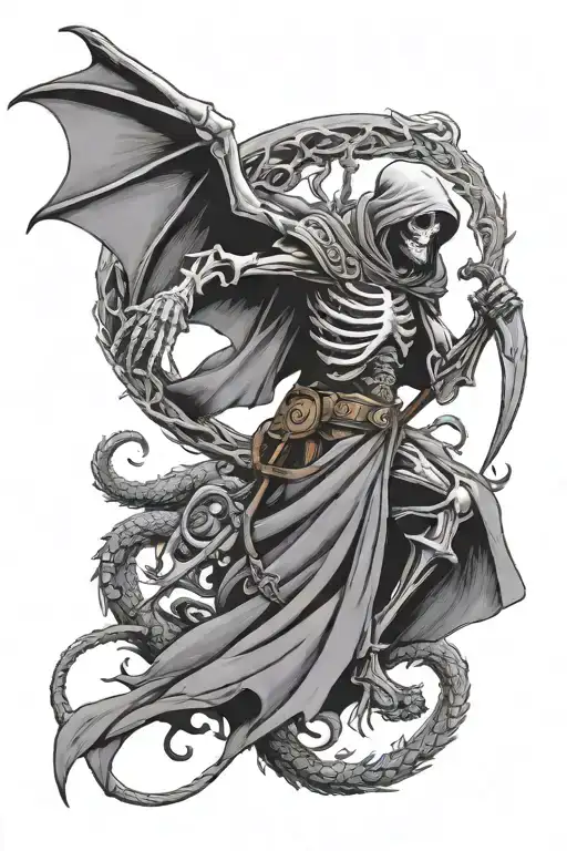 skeleton grim reaper, reaching for a flying dragon tattoo design idea