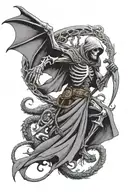 skeleton grim reaper, reaching for a flying dragon tattoo design idea
