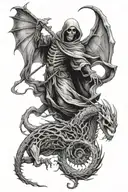 skeleton grim reaper, reaching for a flying dragon tattoo design idea