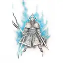 Create a tattoo featuring a character from Dark Souls wielding a magical weapon tattoo design idea