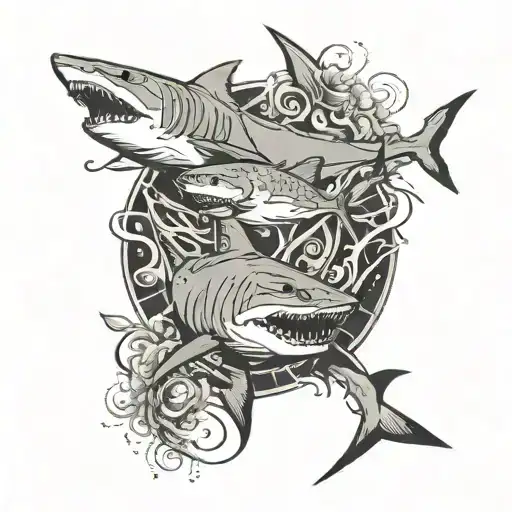 tiger shark bull shark great white shark swimming together in a circle tattoo design idea