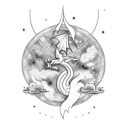 A dragon soaring through a cosmic sky, symbolizing the journey of life and the unknown tattoo design idea
