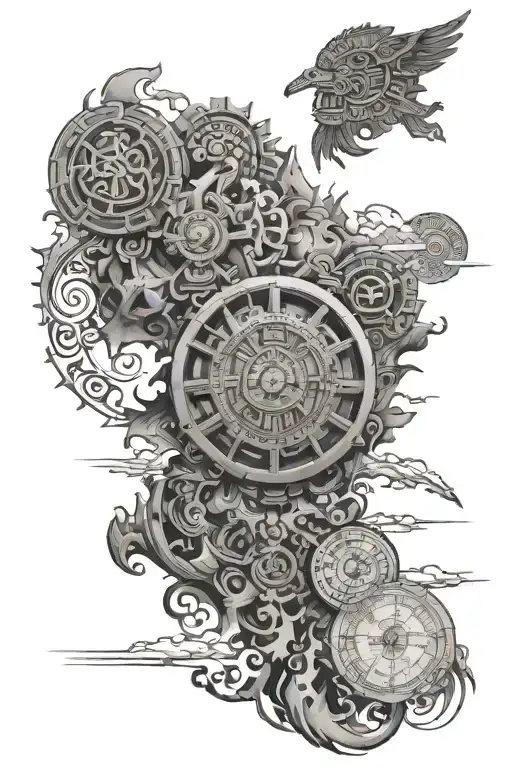 Half sleeve, mayan calendar at top, ruins underneath tattoo design idea