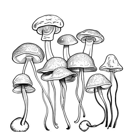 An intricate sketch of various types of mushrooms arranged in a botanical composition tattoo design idea