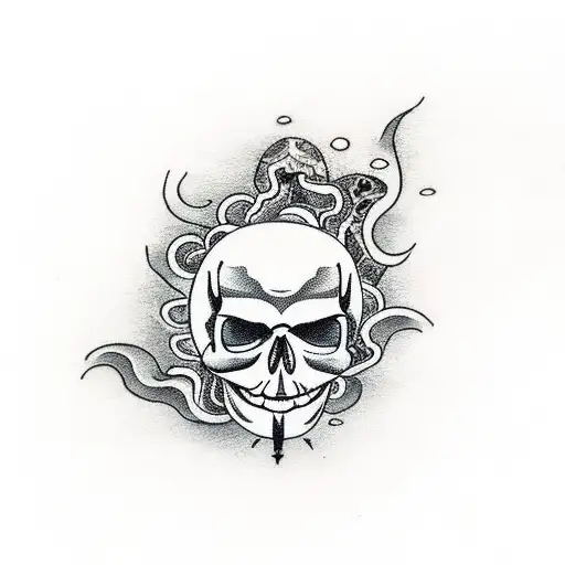 half moon with a skull and three upsite down teardrops on the right tattoo design idea