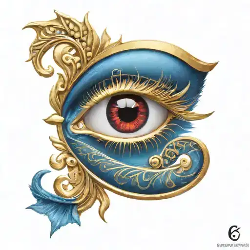 eye of horus blue iris combined with golden pi symbol and a red semicolon tattoo design idea