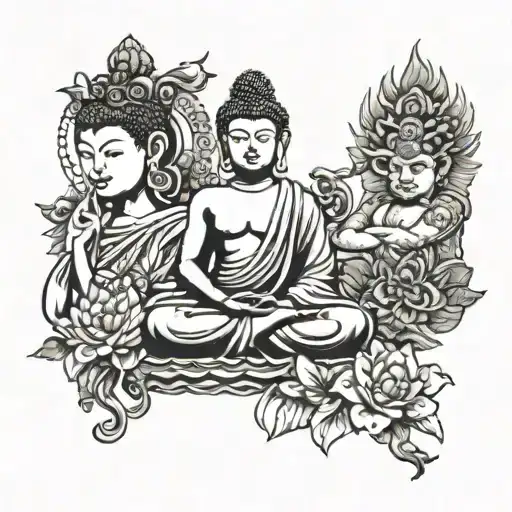 buddha with mahakal & samurai with lotus tattoo design idea
