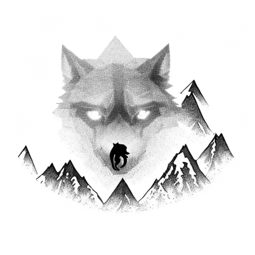 Silhouette of a lone wolf standing on a mountain peak tattoo design idea