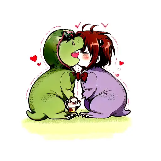 Two dinosaurs chibbi giving each other a heart as a sign of love tattoo design idea