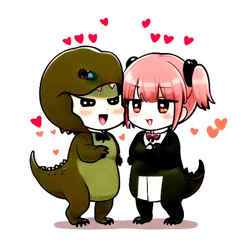 Two dinosaurs chibbi giving each other a heart as a sign of love. One is male and the other is female tattoo design idea