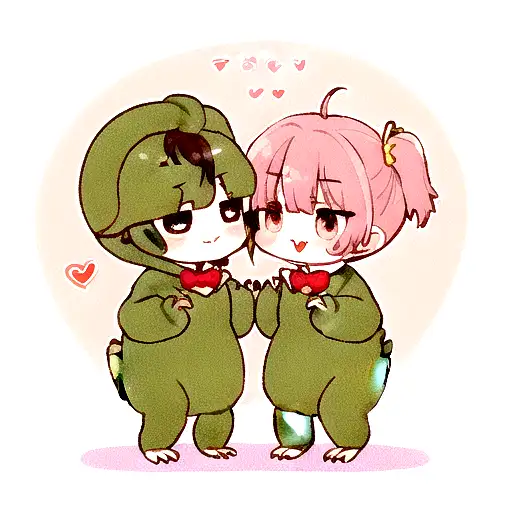 Two dinosaurs chibbi giving each other a heart as a sign of love. One is male and the other is female tattoo design idea