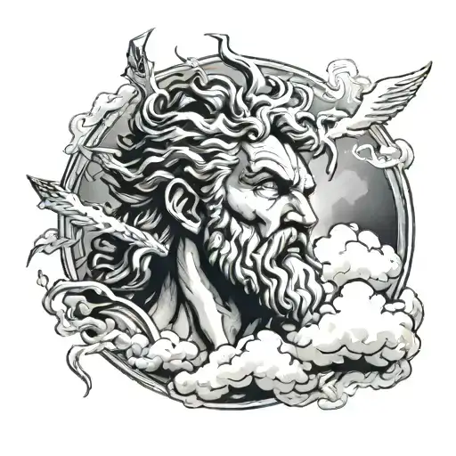 Black and white Realism head of Zeus with lightning in his eyes surrounded by clouds  tattoo design idea