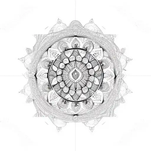An intricate mandala design incorporating the Catholic Church's stained glass window patterns tattoo design idea