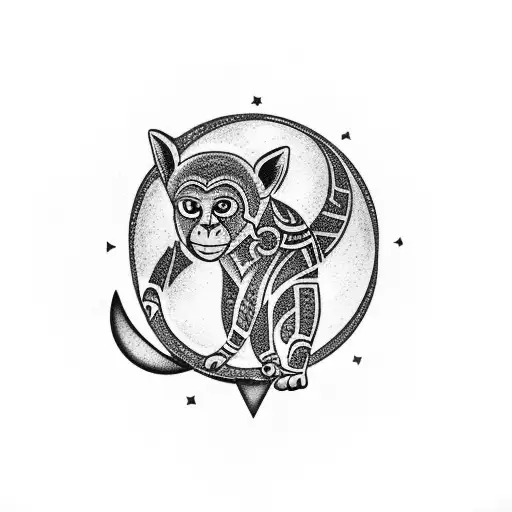 tribal tattoo with a realistic moon in the Center and hidden firefly, a jaguar AND a monkey tattoo design idea